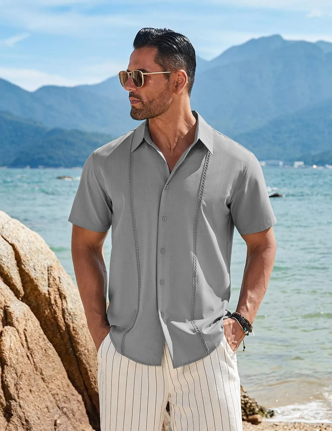 COOFANDY Mens Cuban Guayabera Short Sleeve Shirt Casual Summer Beach Tops Button Down Untucked Shirts