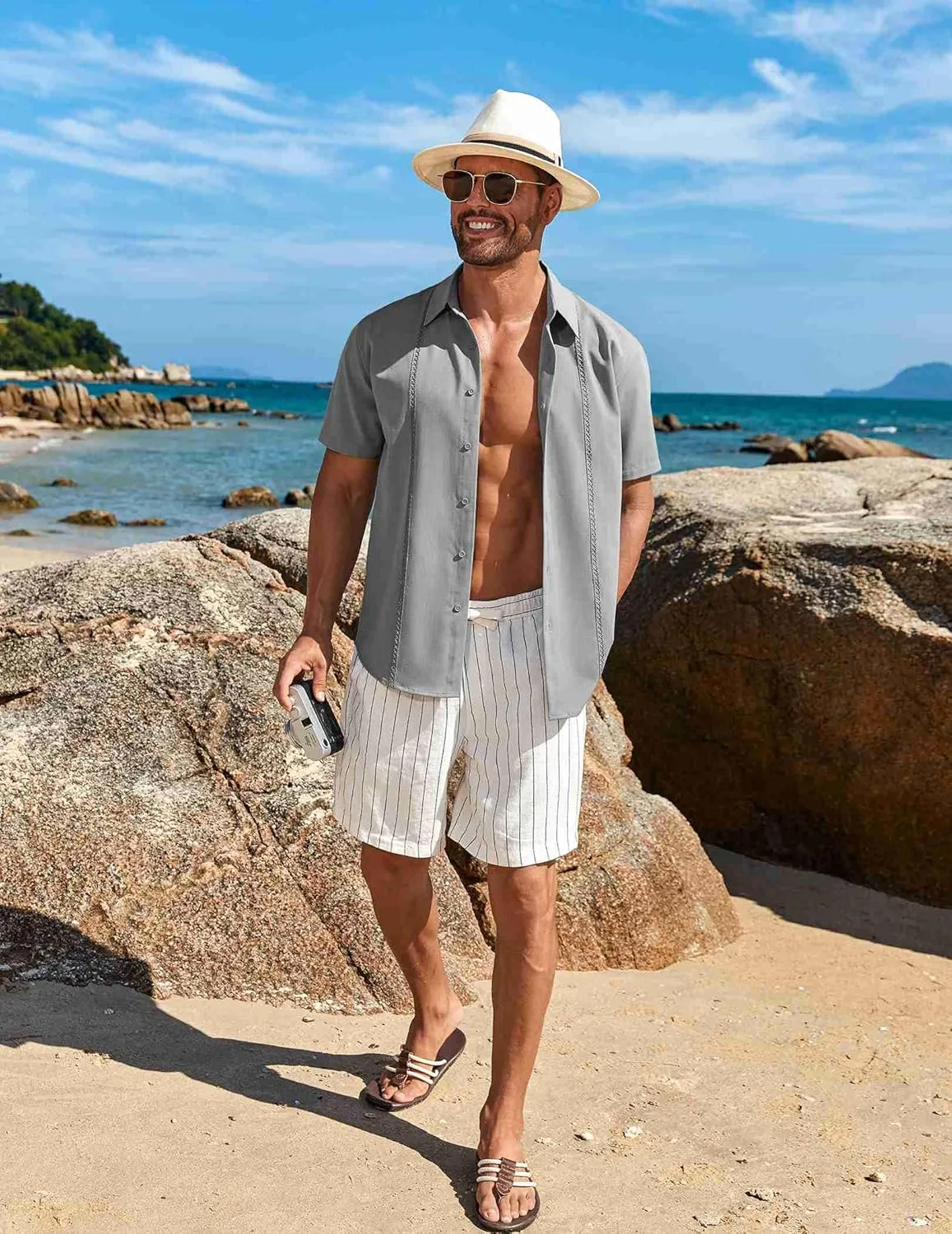 COOFANDY Mens Cuban Guayabera Short Sleeve Shirt Casual Summer Beach Tops Button Down Untucked Shirts