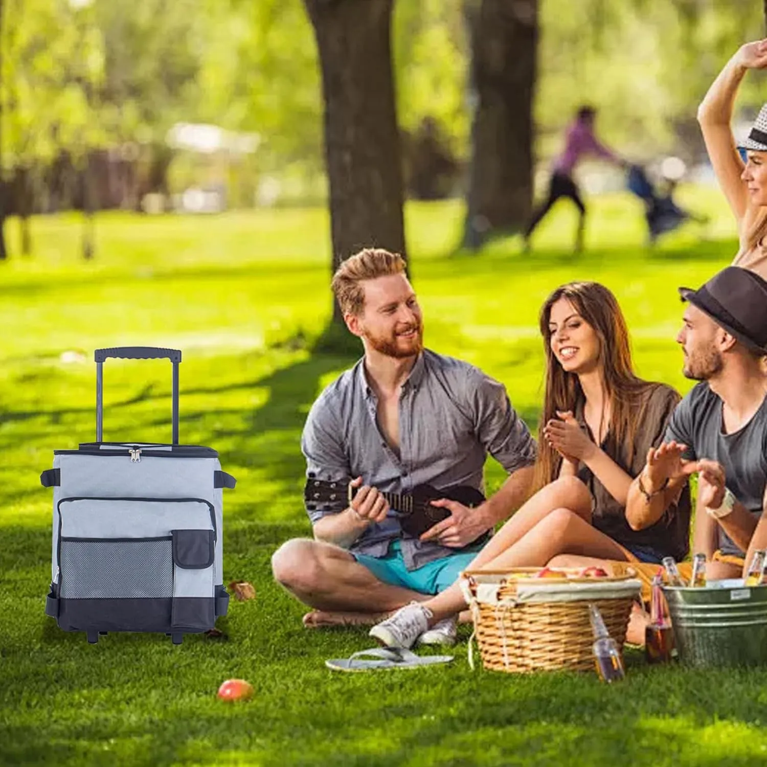 Cooler with Wheels and Pull 43L Large Capacity Cooler Waterproof Low Noise Rolling Bag Foldable Multi-Pocket Zipper Closure Insulated Bag for Outdoor.
