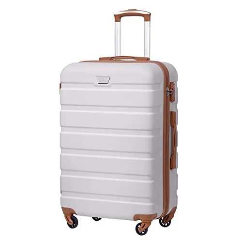 COOLIFE Suitcase Trolley Carry On Hand Cabin Luggage Hard Shell Travel Bag Lightweight with TSA Lock and 2 Year Warranty Durable 4 Spinner Wheels (White/Brown, M(67cm 60L))