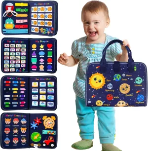 Craftstory Toddler Busy Board - Montessori Toys for 3 Year Old Girls Birthday, 8 in 1 Sensory Educational Learning Busy Books for 3 Years Old Car Airplane Activity Travel Toys (Blue Planets)