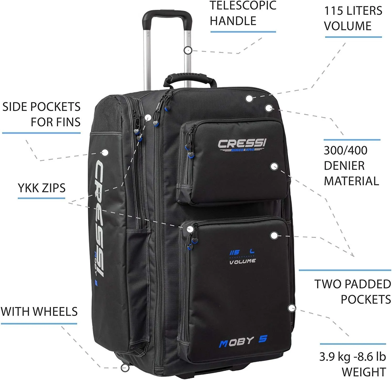 Cressi Strong Large Capacity Roller Luggage Bag 115L with Backpack Straps - Moby 5 designed in Italy