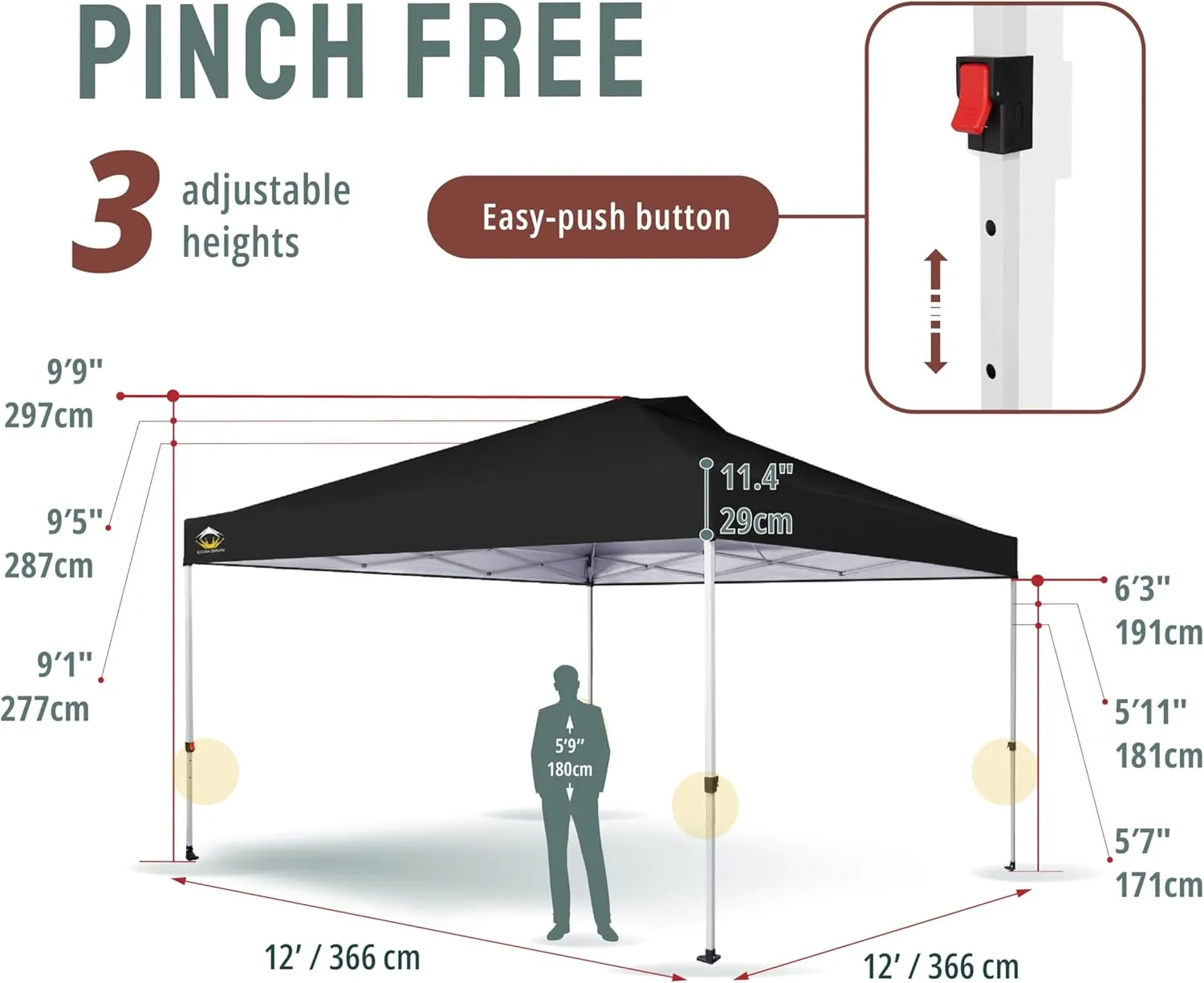 CROWN SHADES 12x12 Pop Up Canopy Outside Canopy, Patented One Push Tent Canopy with Wheeled Carry Bag, Bonus 8 Stakes and 4 Ropes, Black