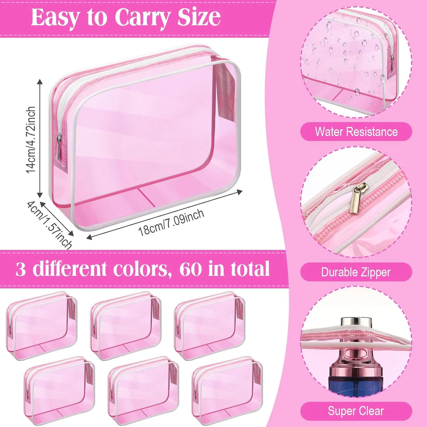 Cunno 60 Pcs Clear Toiletry Bag TSA Approved Cosmetic Bag Bulk Makeup Bag Travel Carry Airport Airline Compliant Bag for Women Men Summer Vacation Salon Mother Gift(Fluorescent Pink)