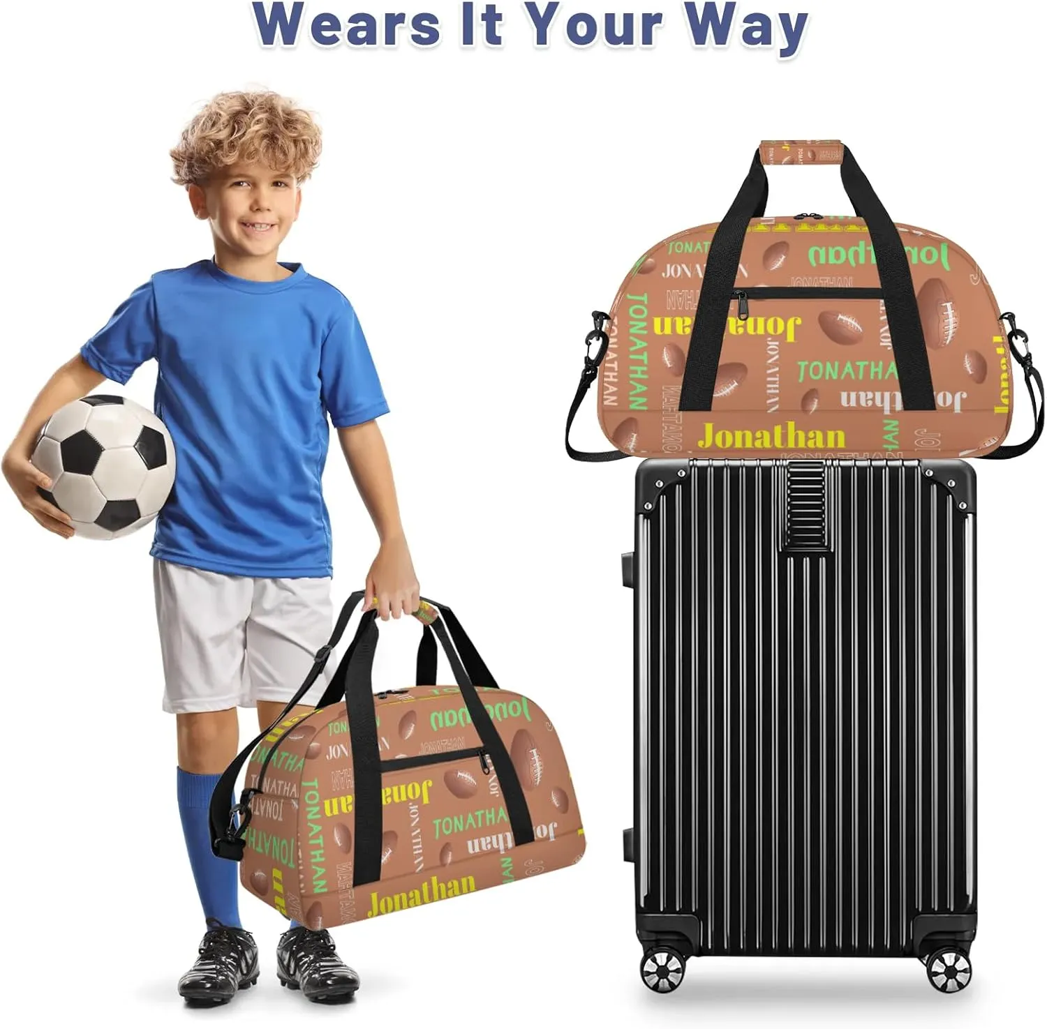 Custom-Personalize-Kids-Duffel-Bags with Name Text Carry-On Overnight Travel Gym Lightweight Dance Sports Bags For Girls Boys Kids American Football