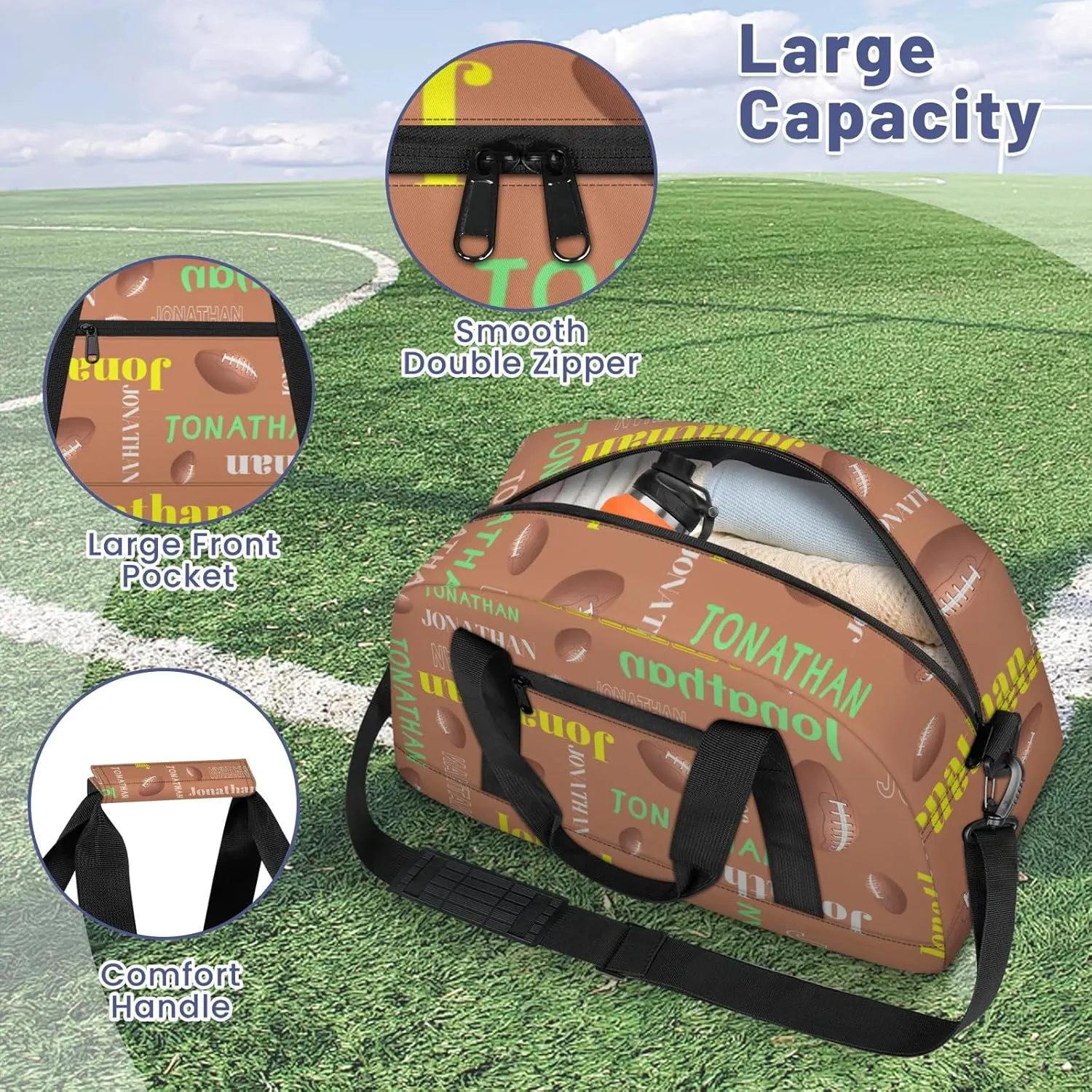 Custom-Personalize-Kids-Duffel-Bags with Name Text Carry-On Overnight Travel Gym Lightweight Dance Sports Bags For Girls Boys Kids American Football