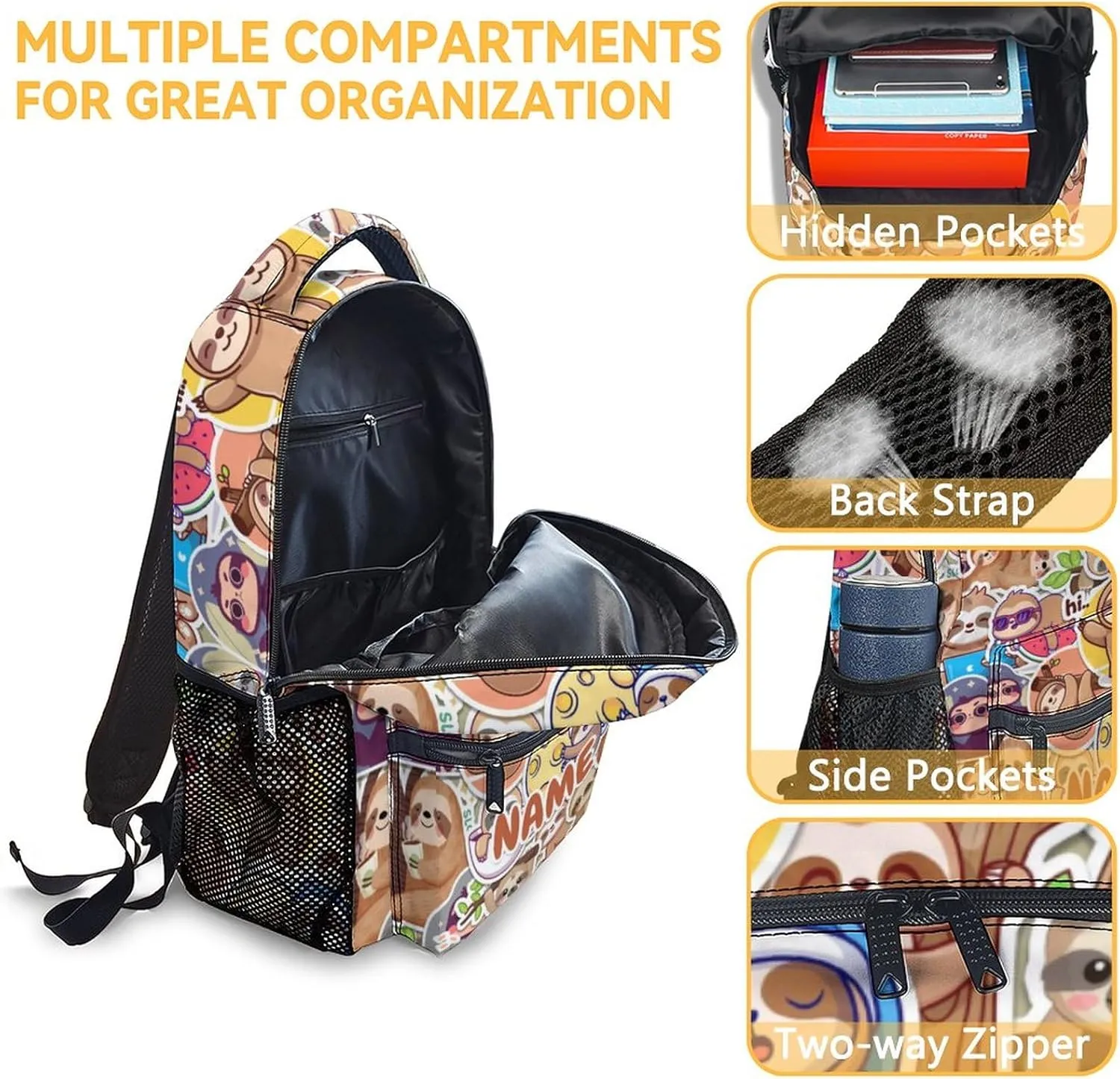 Custom Sloth Backpack for Girls & Boys, 16 Inch Sloths Print Backpacks for School, Cute Lightweight Bookbag for Kids