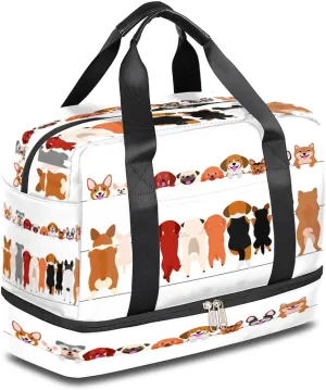 Cute Cartoon Dog Travel Duffel, Sports Tote Gym Bag - Lovely Animal Pug Puppy Weekender Overnight Bag with Shoes Compartment for Men Women - 16.14 x 8.27 x 11.81 inch