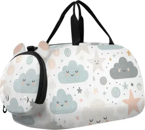 Cute Clouds Stars Duffle Bag for Girl, Sports Duffle Gym Bags with Shoe Compartment, Personalized Overnight Bag Travel Weekender for Kids