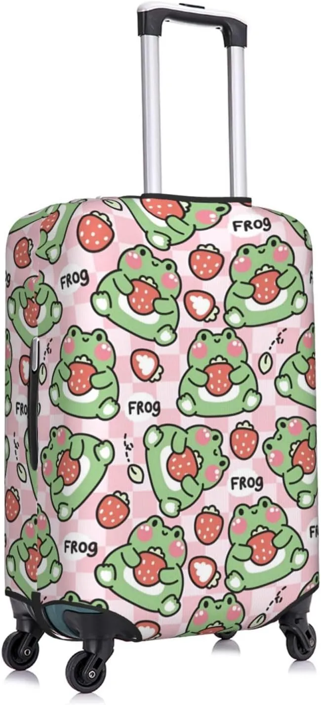 Cute Frog with Strawberry and Leaf Travel Luggage Cover Fits 18-32 Inch Luggage, Washable Suitcase Cover Protector with Concealed Zipper for Wheeled Suitcase Tsa Approved