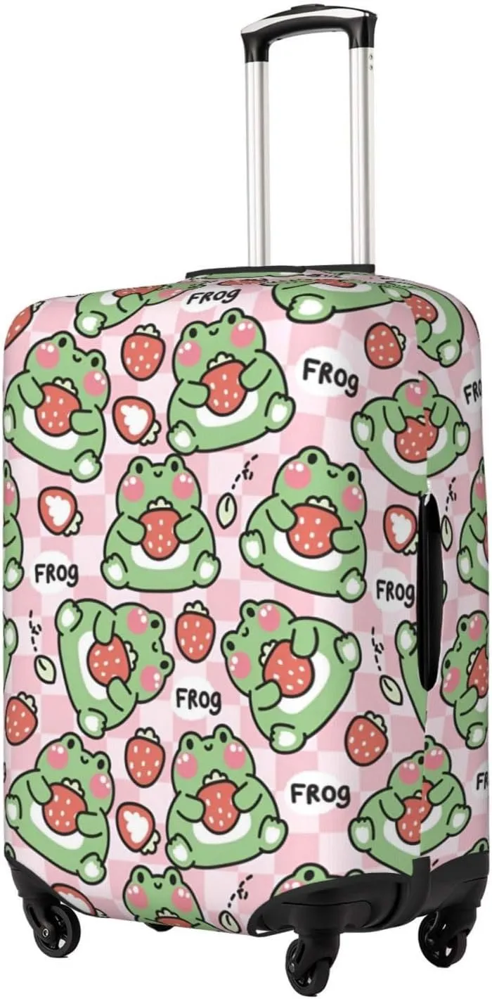 Cute Frog with Strawberry and Leaf Travel Luggage Cover Fits 18-32 Inch Luggage, Washable Suitcase Cover Protector with Concealed Zipper for Wheeled Suitcase Tsa Approved