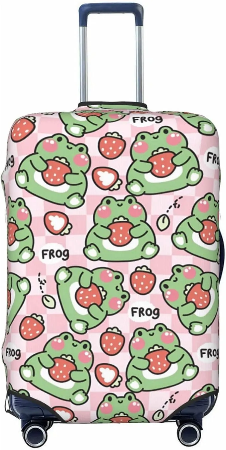 Cute Frog with Strawberry and Leaf Travel Luggage Cover Fits 18-32 Inch Luggage, Washable Suitcase Cover Protector with Concealed Zipper for Wheeled Suitcase Tsa Approved