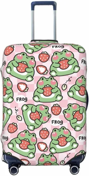 Cute Frog with Strawberry and Leaf Travel Luggage Cover Fits 18-32 Inch Luggage, Washable Suitcase Cover Protector with Concealed Zipper for Wheeled Suitcase Tsa Approved