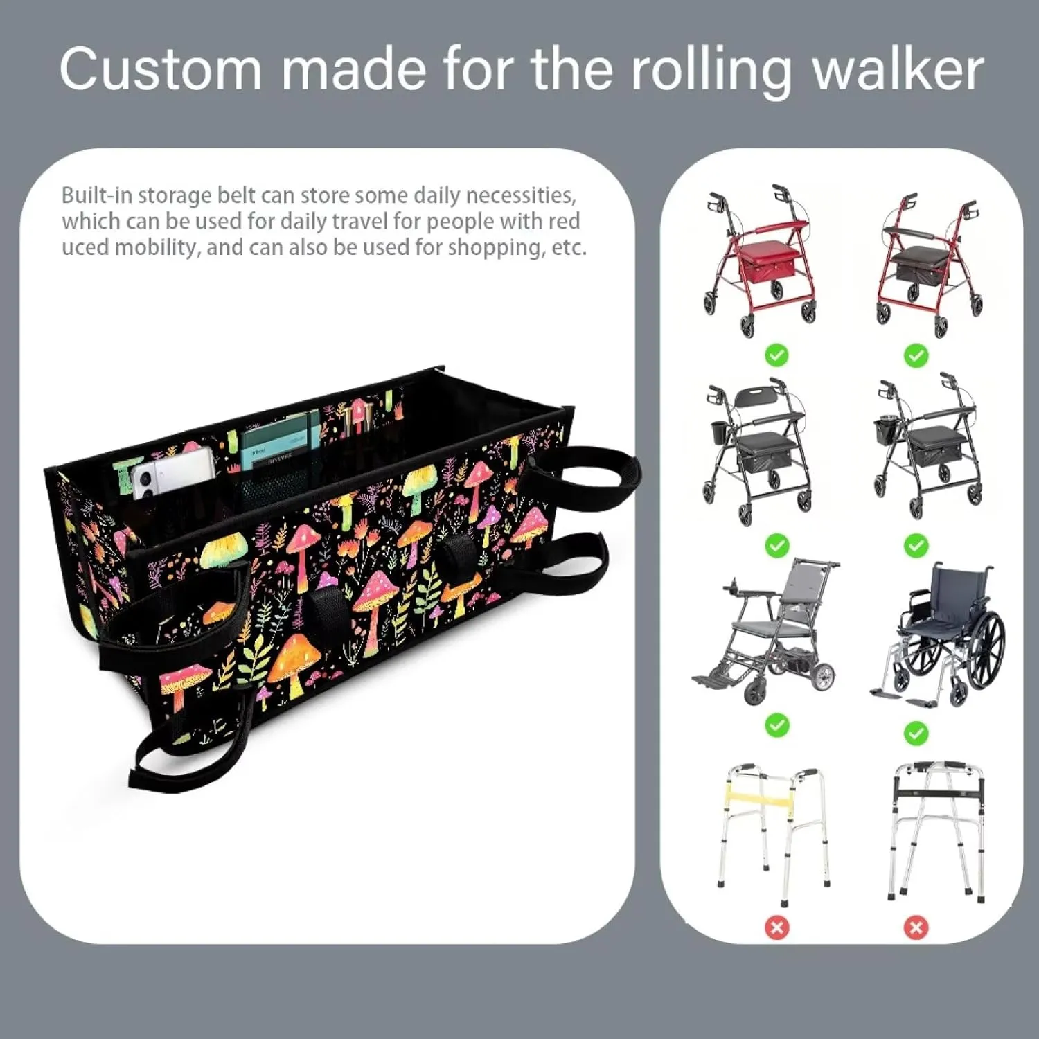 Cute Mushroom Bag for Walker Foldable Walker Storage Bag Hand-Free Carry Storage Bag for Universal Walkers Wheelchair Basket Pouch for Elderly