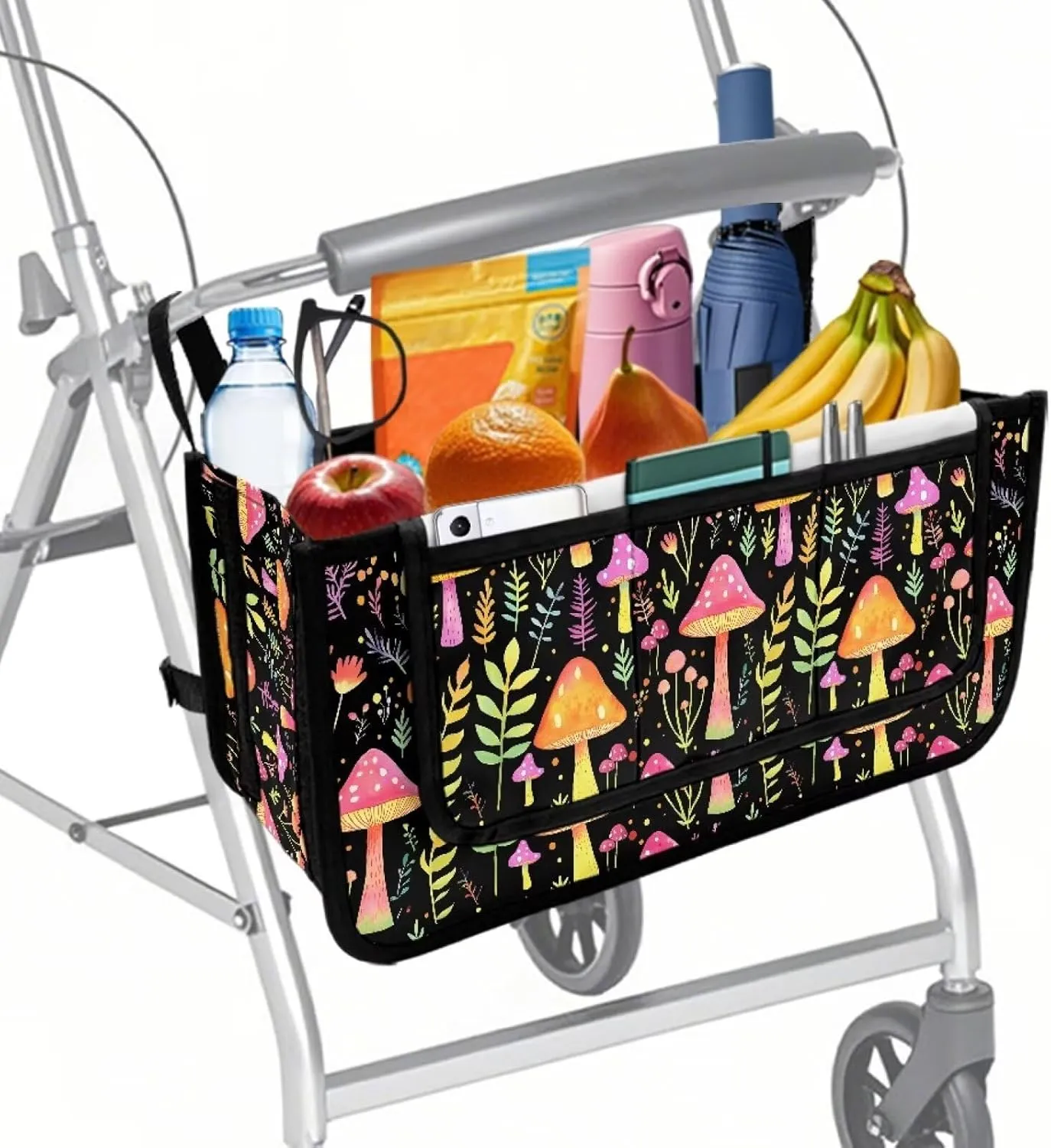 Cute Mushroom Bag for Walker Foldable Walker Storage Bag Hand-Free Carry Storage Bag for Universal Walkers Wheelchair Basket Pouch for Elderly