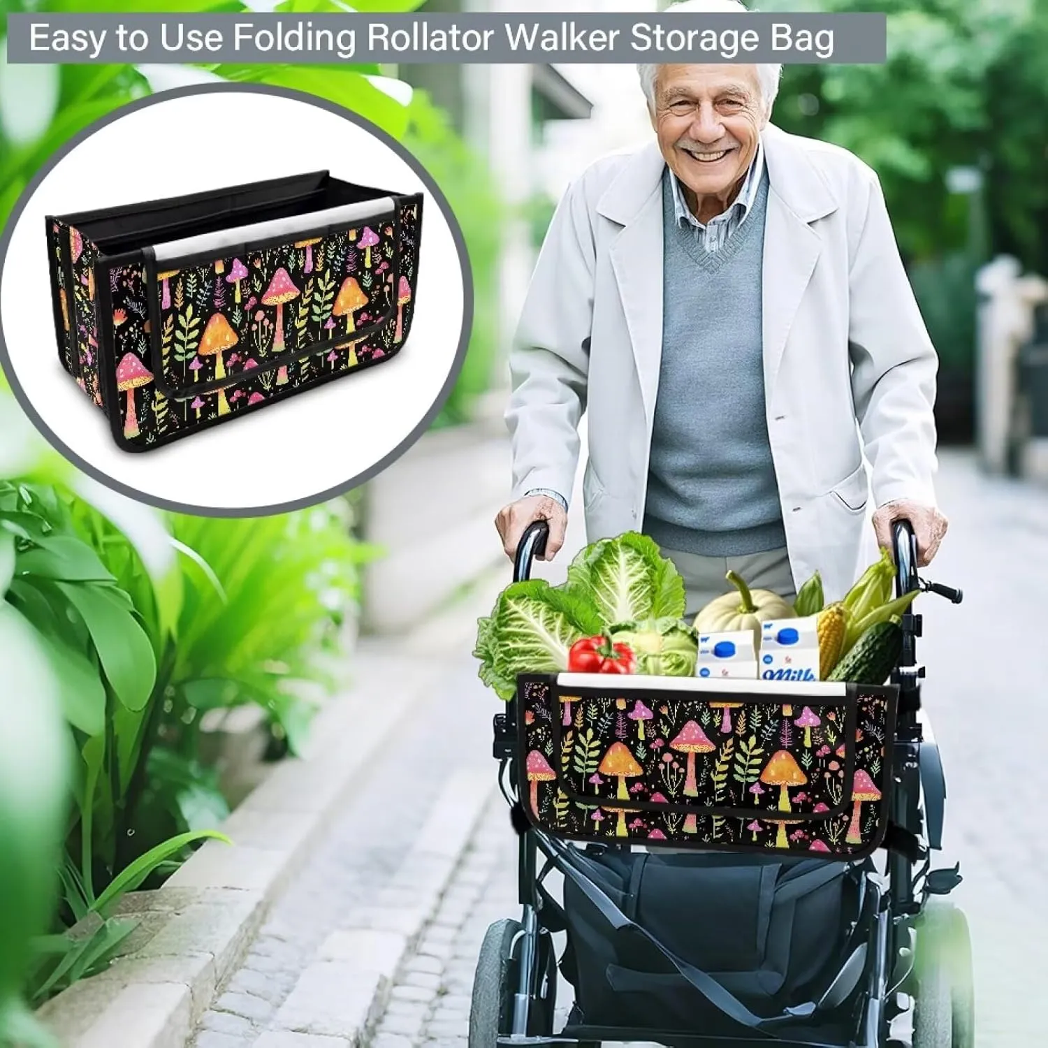 Cute Mushroom Bag for Walker Foldable Walker Storage Bag Hand-Free Carry Storage Bag for Universal Walkers Wheelchair Basket Pouch for Elderly