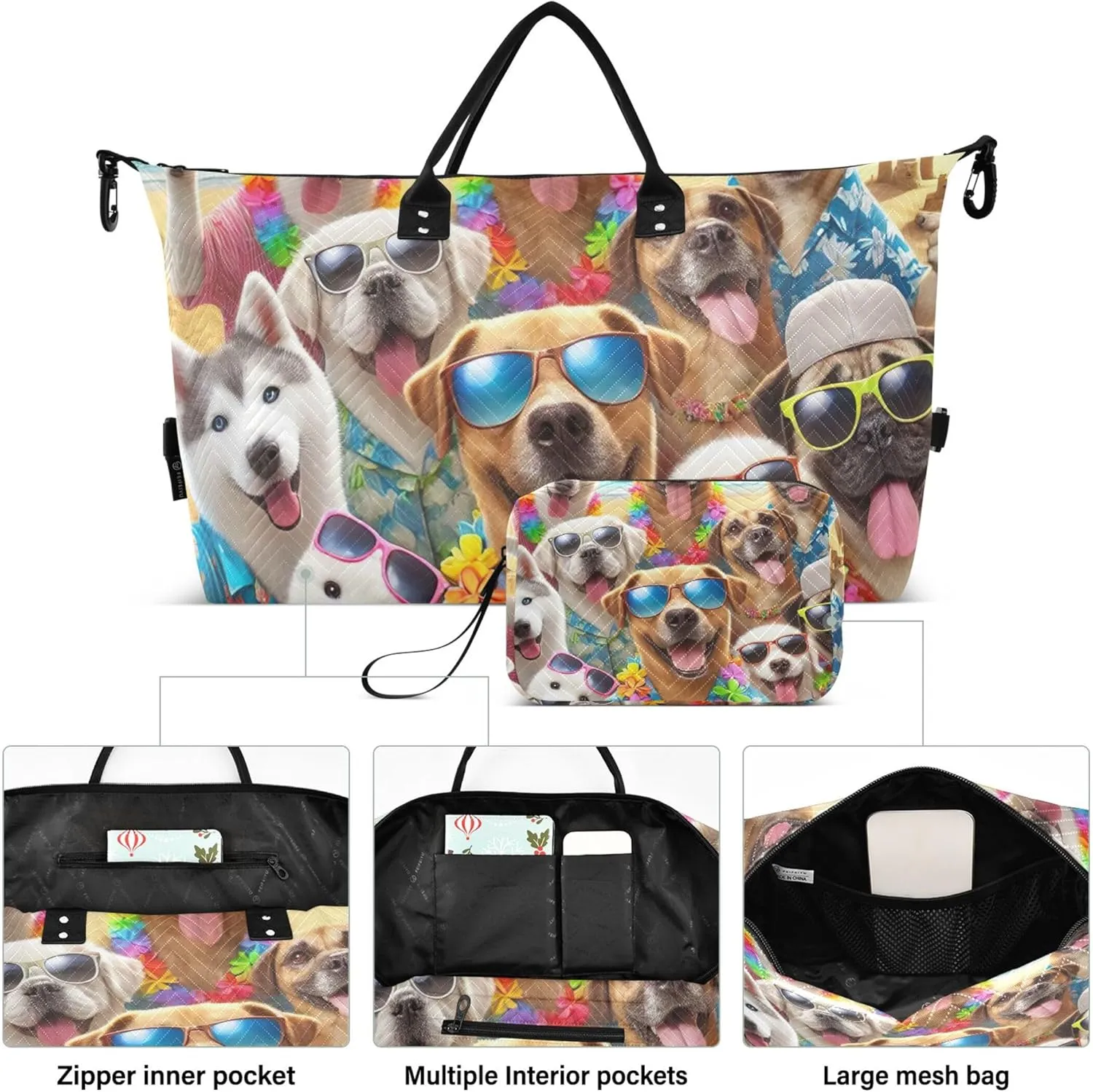 Cute Puppy Dogs Funny Duffle Bag Travel Makeup Pouch Set of 2, Print Women Tote Gym Bag Traveling Bags