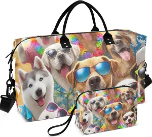 Cute Puppy Dogs Funny Duffle Bag Travel Makeup Pouch Set of 2, Print Women Tote Gym Bag Traveling Bags