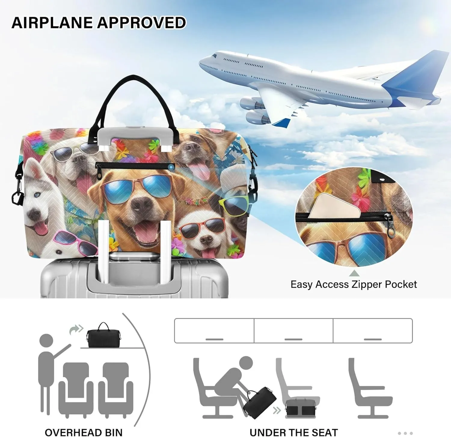 Cute Puppy Dogs Funny Duffle Bag Travel Makeup Pouch Set of 2, Print Women Tote Gym Bag Traveling Bags