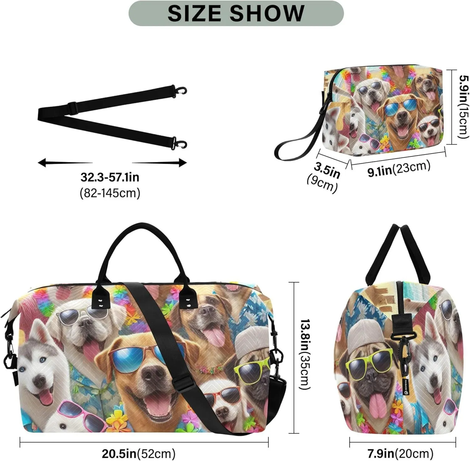 Cute Puppy Dogs Funny Duffle Bag Travel Makeup Pouch Set of 2, Print Women Tote Gym Bag Traveling Bags