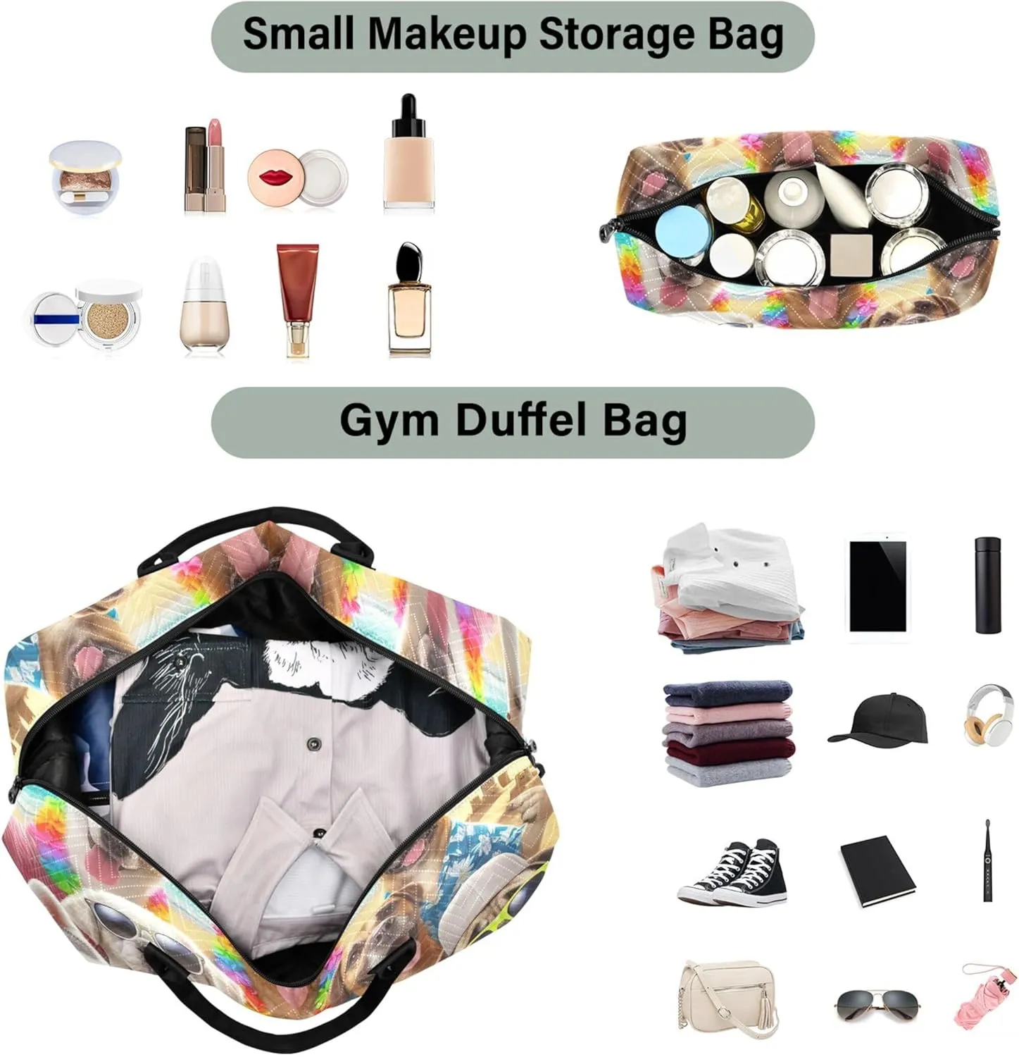 Cute Puppy Dogs Funny Duffle Bag Travel Makeup Pouch Set of 2, Print Women Tote Gym Bag Traveling Bags