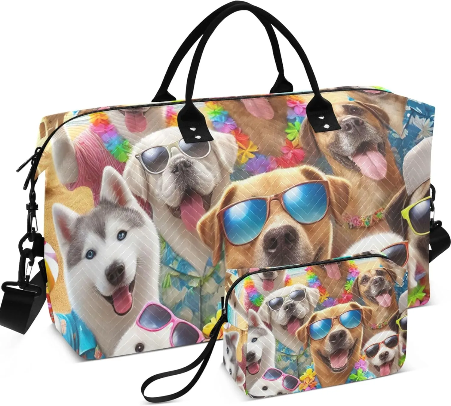 Cute Puppy Dogs Funny Duffle Bag Travel Makeup Pouch Set of 2, Print Women Tote Gym Bag Traveling Bags