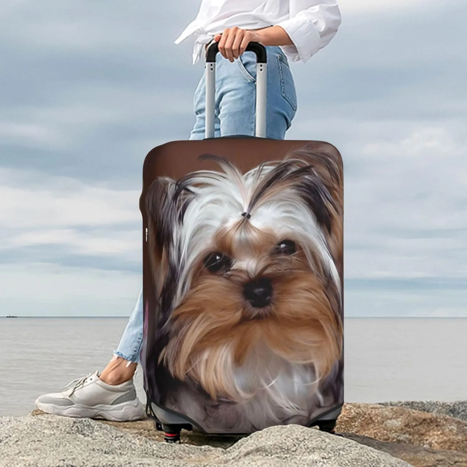 Cute Puppy Yorkshire Terrier Dog Travel Luggage Cover Fits 18/24/28/32 Inch Luggage, Elastic Suitcase Cover Protector with Concealed Zipper for Wheeled Suitcase Travel Accessories
