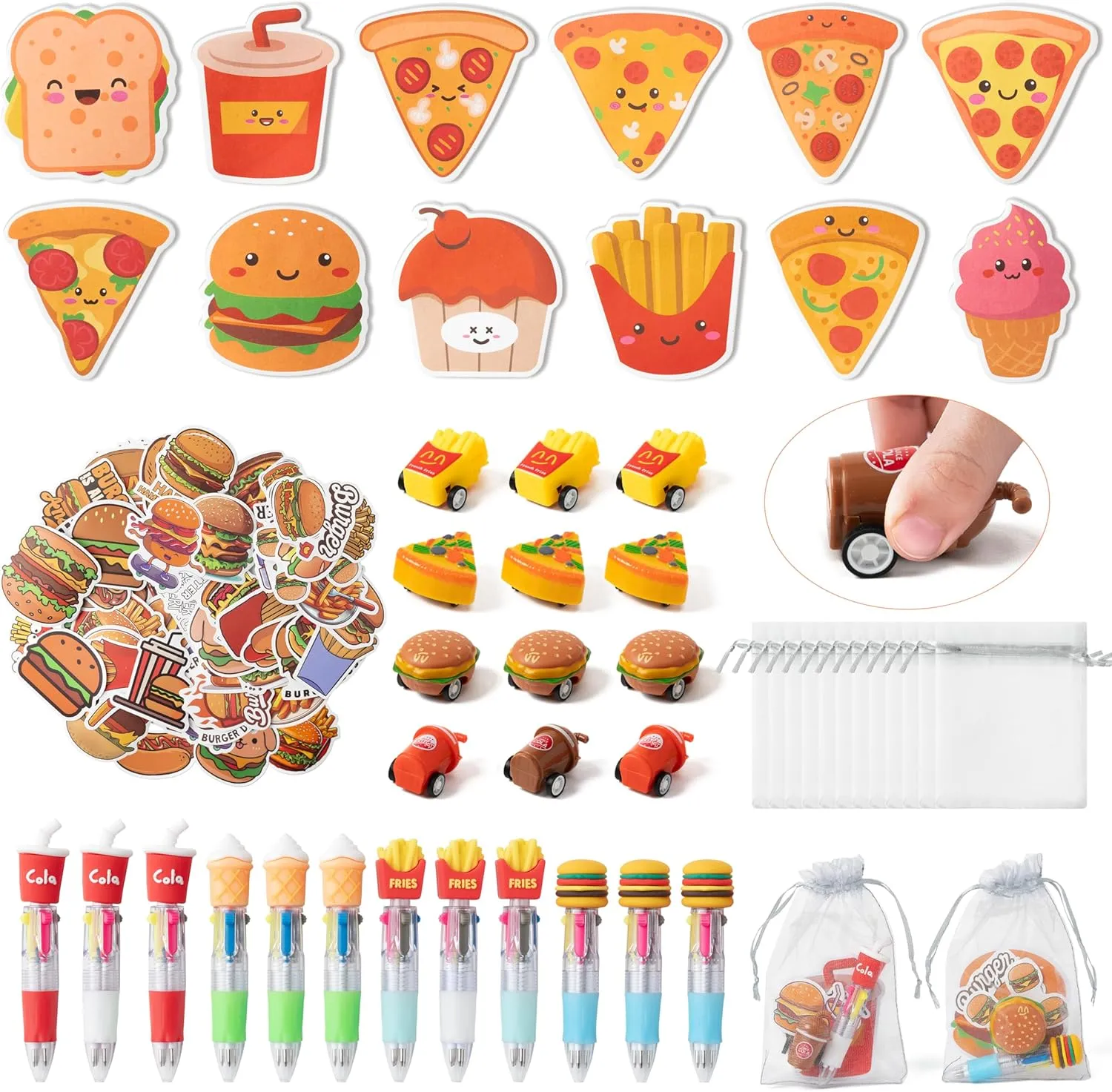 CY2SIDE Fast Food Stationery Gift - 12 Pack Junk Food Stationery Gift Set Include 4-in-1 Ballpoint Pen Sticky Note Sticker Pull Back Car and Organza Hamburger Party Goodie Bag Fillers School Reward