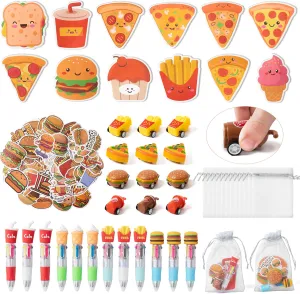 CY2SIDE Fast Food Stationery Gift - 12 Pack Junk Food Stationery Gift Set Include 4-in-1 Ballpoint Pen Sticky Note Sticker Pull Back Car and Organza Hamburger Party Goodie Bag Fillers School Reward