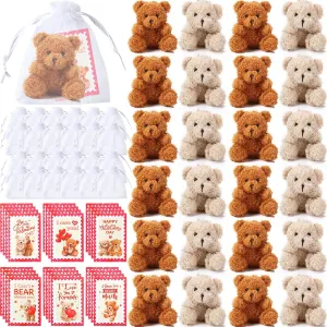 Deekin Set of 24 Valentine‘s Day Mini Plush Bears with Greeting Cards and Organza Bags for Valentines Day Gifts Stuffed Little Pocket Bears for Valentine Exchange Cards School Classroom Prize Party