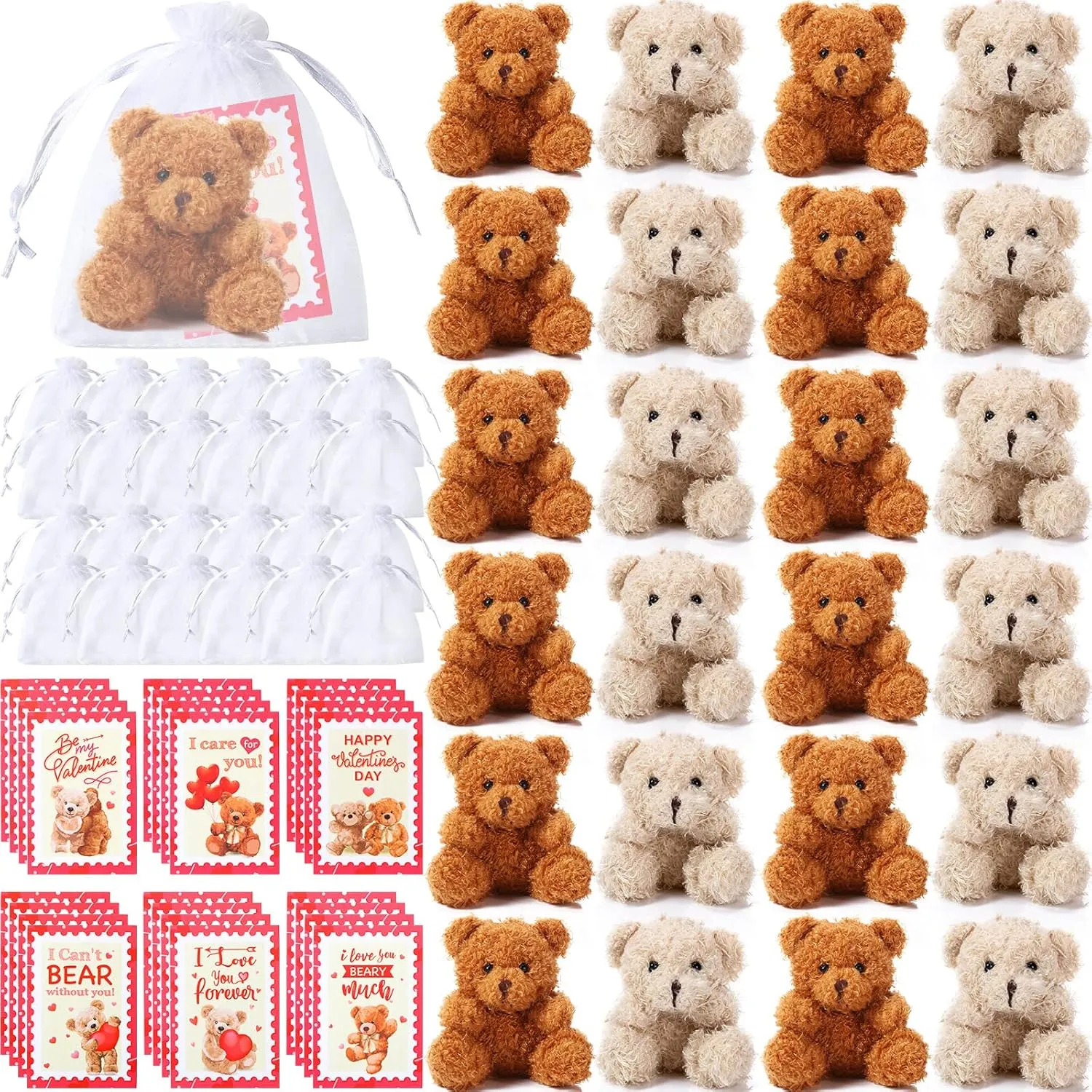 Deekin Set of 24 Valentine‘s Day Mini Plush Bears with Greeting Cards and Organza Bags for Valentines Day Gifts Stuffed Little Pocket Bears for Valentine Exchange Cards School Classroom Prize Party