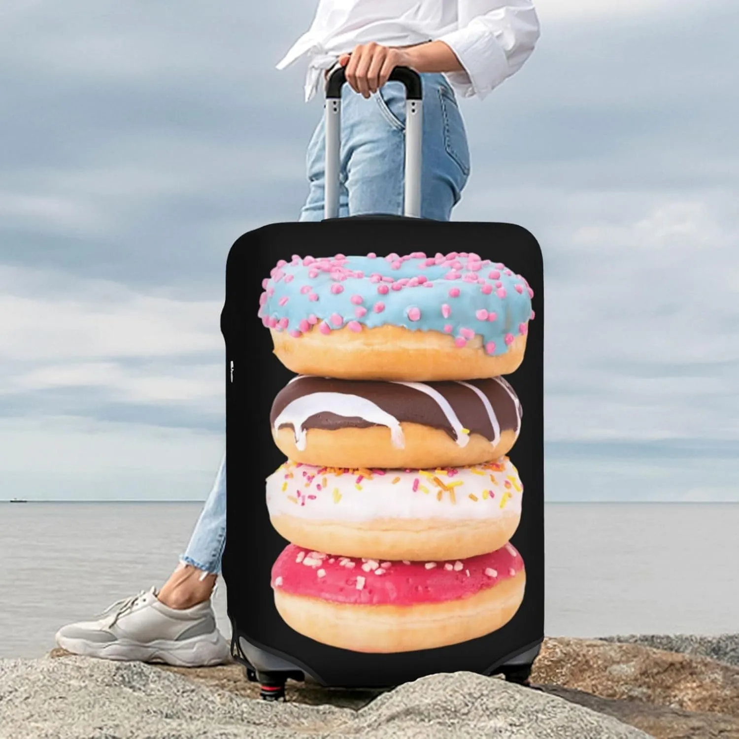 Delicious Colorful Donuts Travel Luggage Cover Fits 18-32 Inch Luggage, Stretch Suitcase Cover Protector with Concealed Zipper for Wheeled Suitcase Tsa Approved