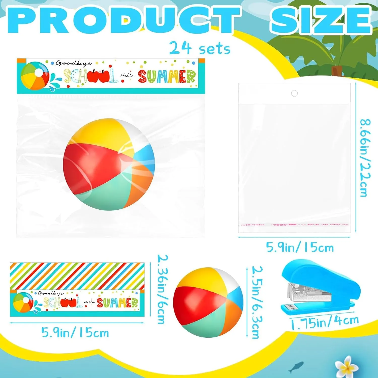 Denylo pro 24 Sets End of School Year Gifts Mini Beach Stress Blue Balls Graduation Bulk Gifts with School Summer Cards Mini Stapler Plastic Bags for Graduation Party Favors Summer Water Games