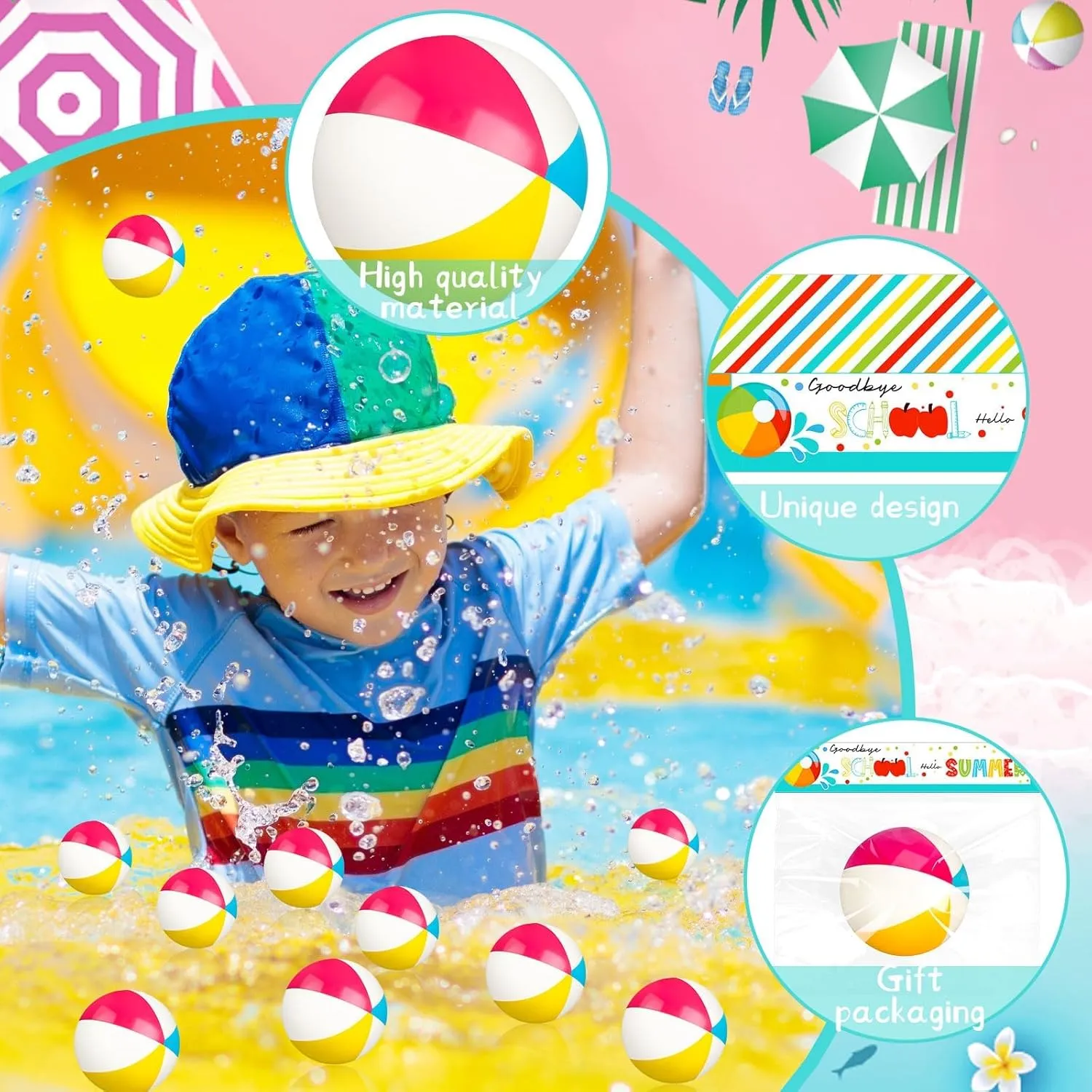 Denylo pro 24 Sets End of School Year Gifts Mini Beach Stress Pink Balls Graduation Bulk Gifts with School Summer Cards Mini Stapler Plastic Bags for Graduation Party Favors Summer Water Games