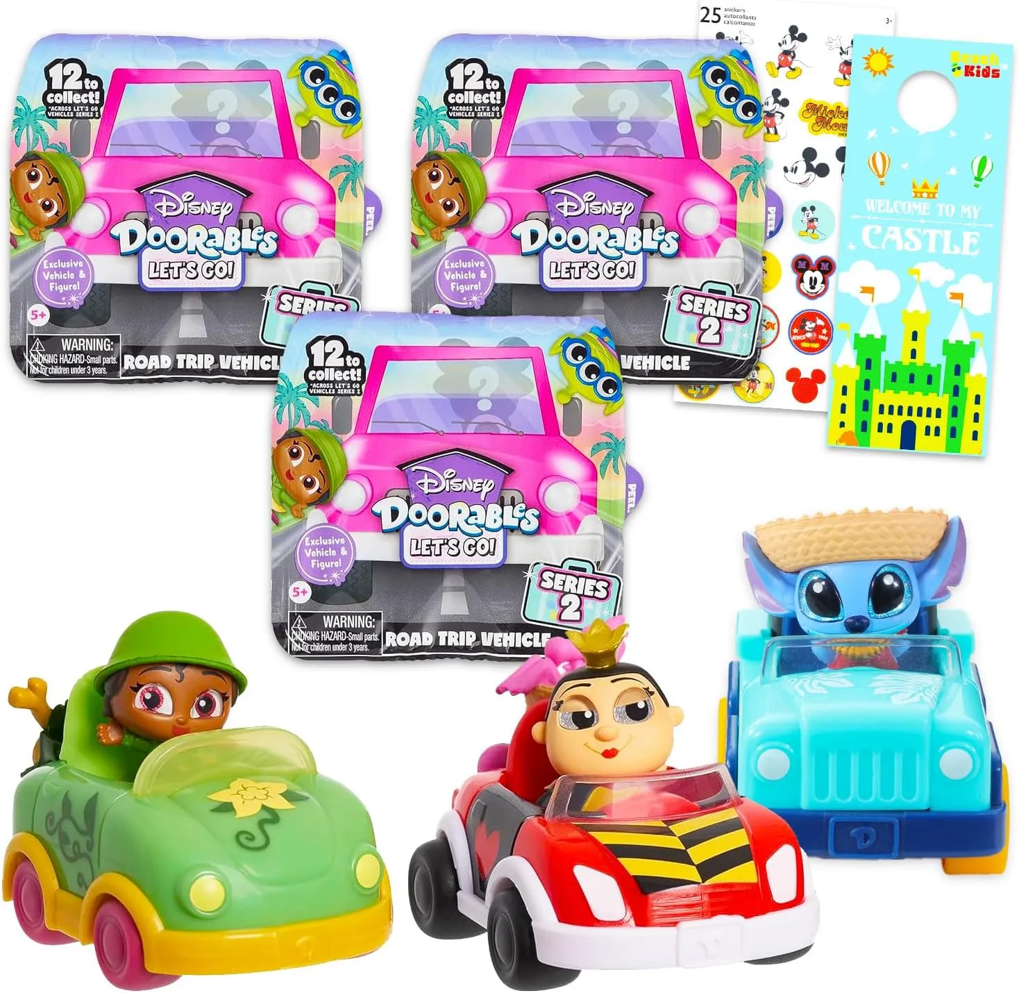 Disney Doorables Vehicles Wheelies 3 Pack - Bundle with 3 Disney Doorables Let's Go Mystery Blind Boxes Plus Stickers, More | Disney Doorables Let's Go Series 2