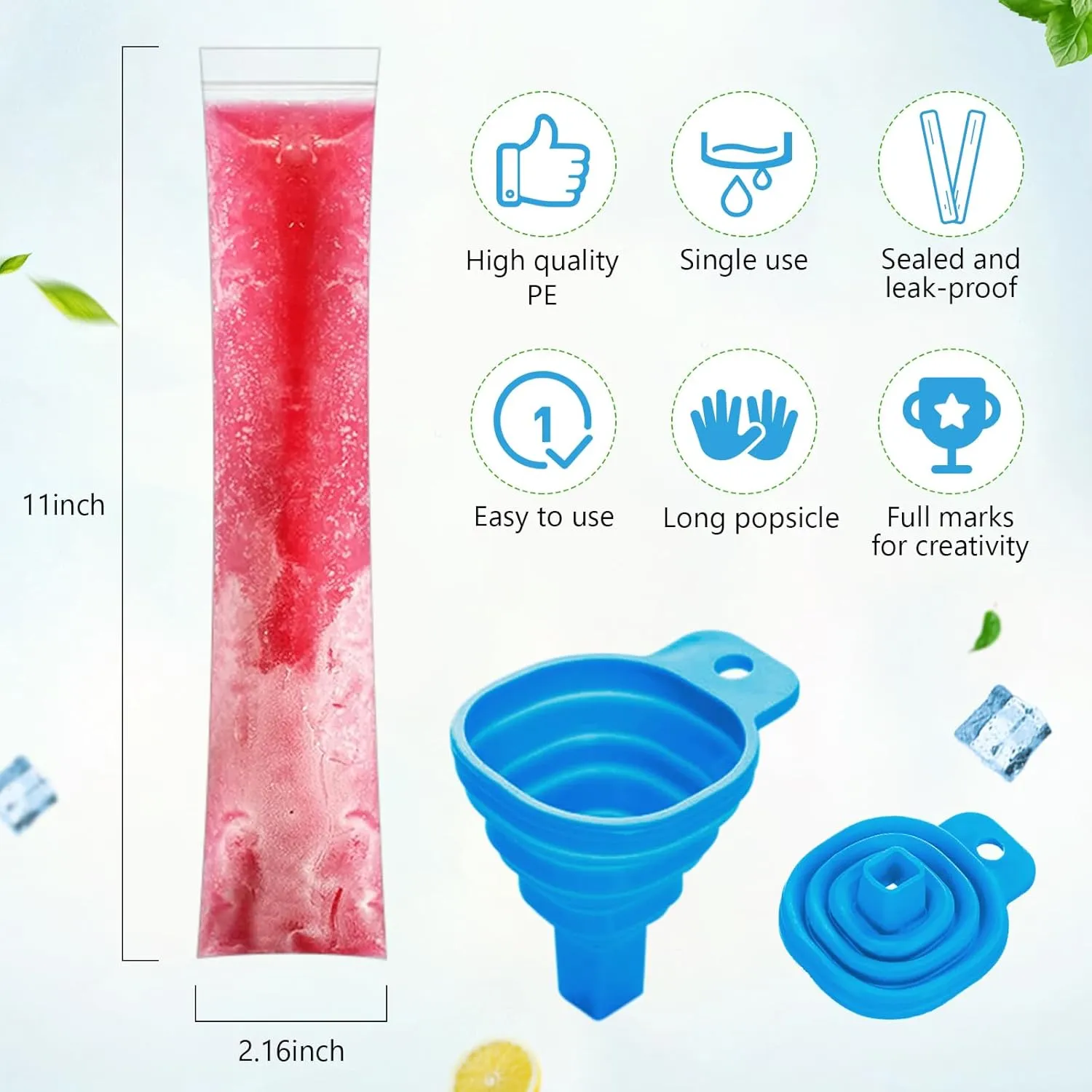 Disposable Popsicle Bags,disposable ice popsicle mold bags With A Funnel,For Juice & Fruit Smoothies, Ice Candy Pops (500)