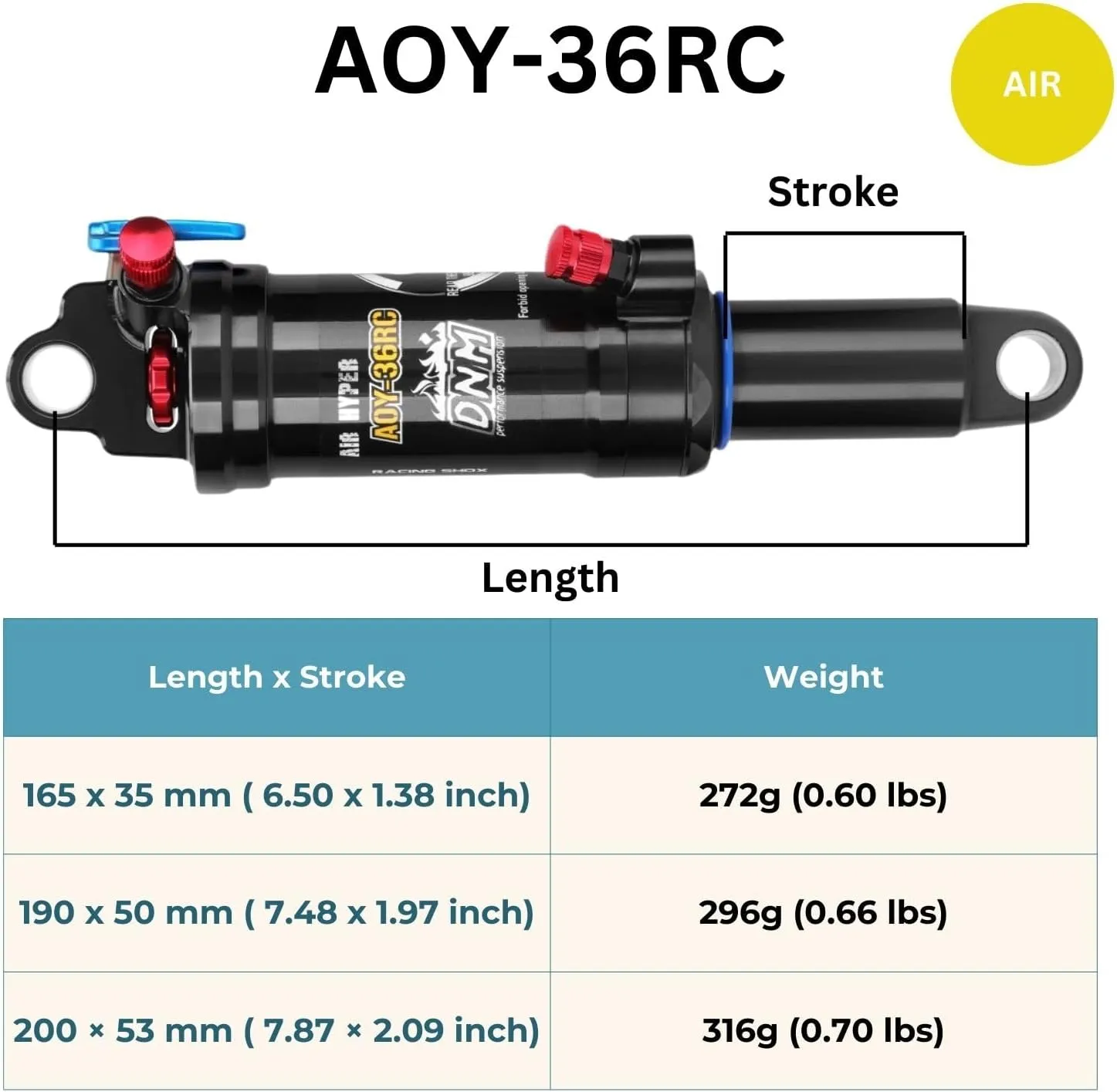 DNM Rear Shock,165/190/200/210/220/230/240mm (AOY-36RC, 190mm)