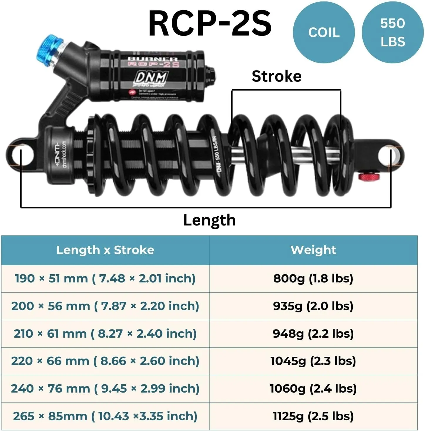 DNM Rear Shock,165/190/200/210/220/230/240mm (RCP-2S, 230mm x 550lbs)