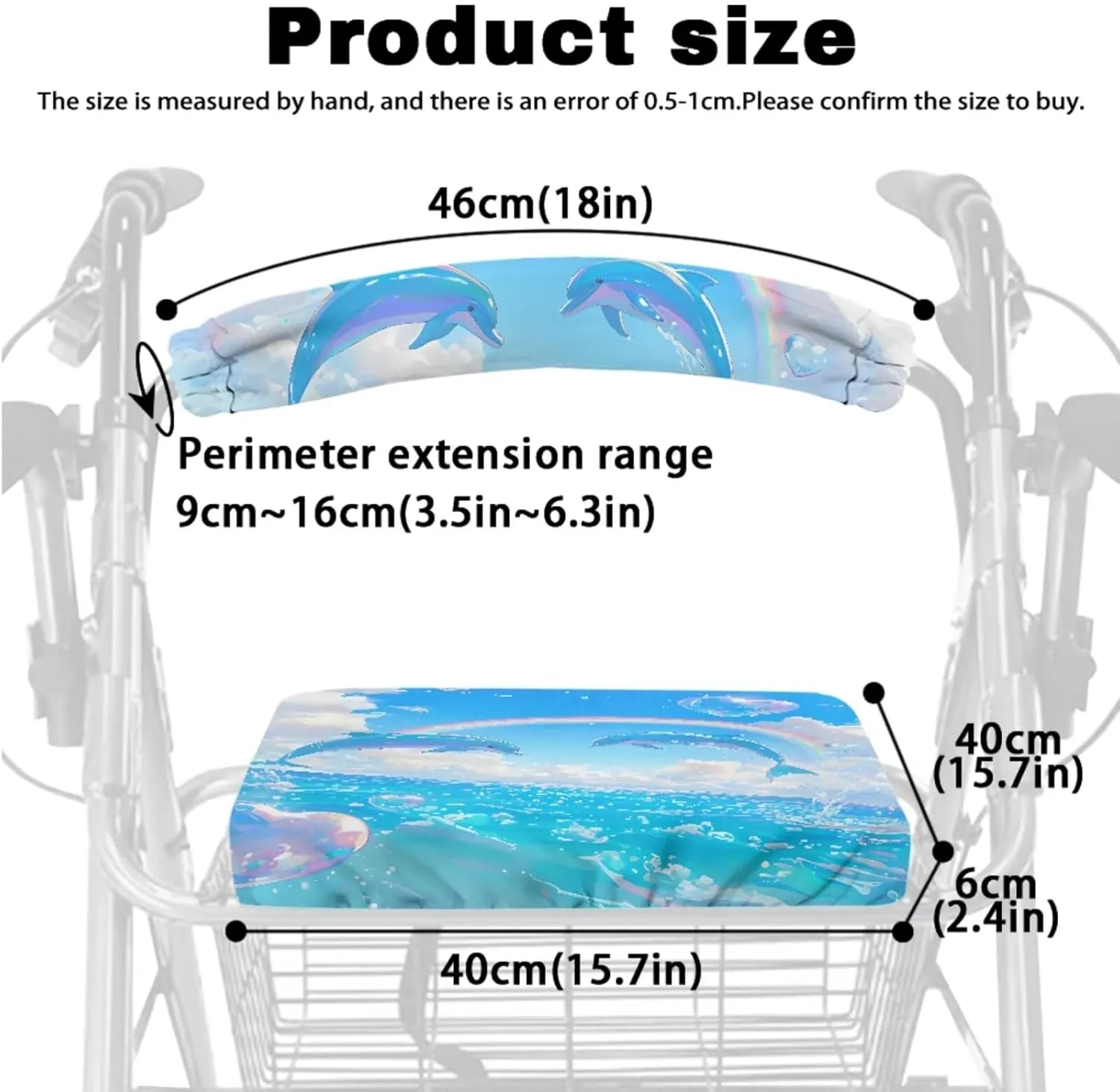 Dolphin Rainbow 3Pcs Rollator Walker Basket Bag Rollator Rolling Walkers Covers for Elder Cute Walker Basket and Covers Decorations for Seniors Travel