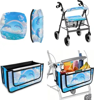 Dolphin Rainbow 3Pcs Rollator Walker Basket Bag Rollator Rolling Walkers Covers for Elder Cute Walker Basket and Covers Decorations for Seniors Travel