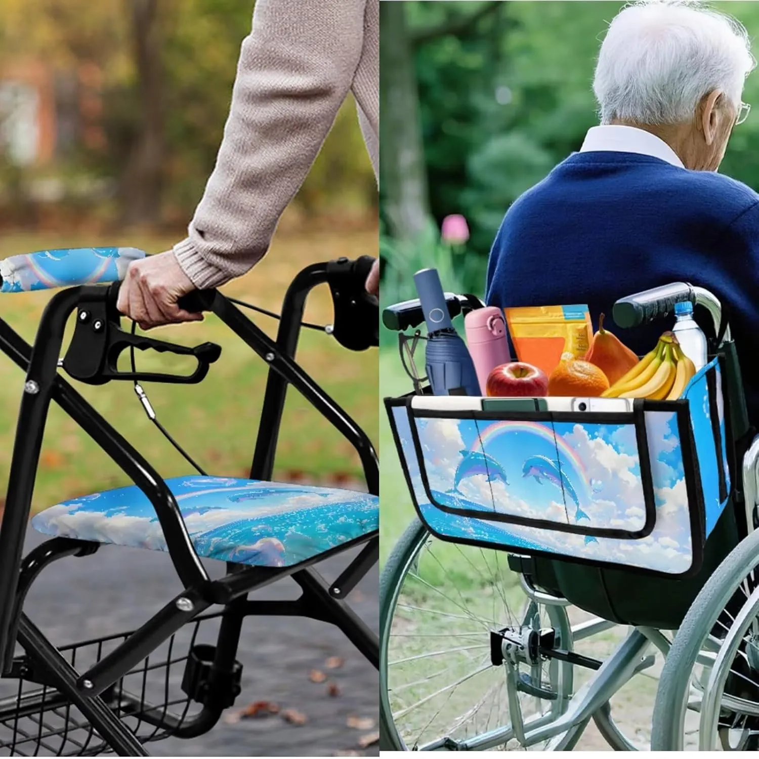 Dolphin Rainbow 3Pcs Rollator Walker Basket Bag Rollator Rolling Walkers Covers for Elder Cute Walker Basket and Covers Decorations for Seniors Travel