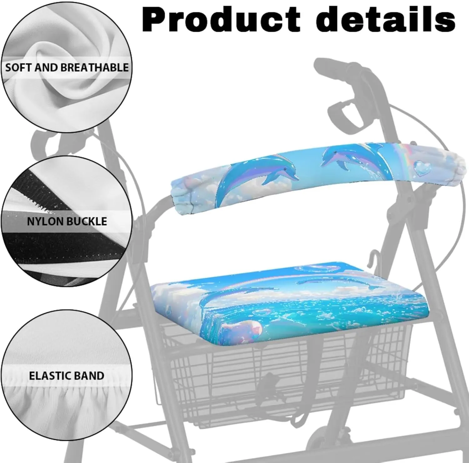 Dolphin Rainbow 3Pcs Rollator Walker Basket Bag Rollator Rolling Walkers Covers for Elder Cute Walker Basket and Covers Decorations for Seniors Travel