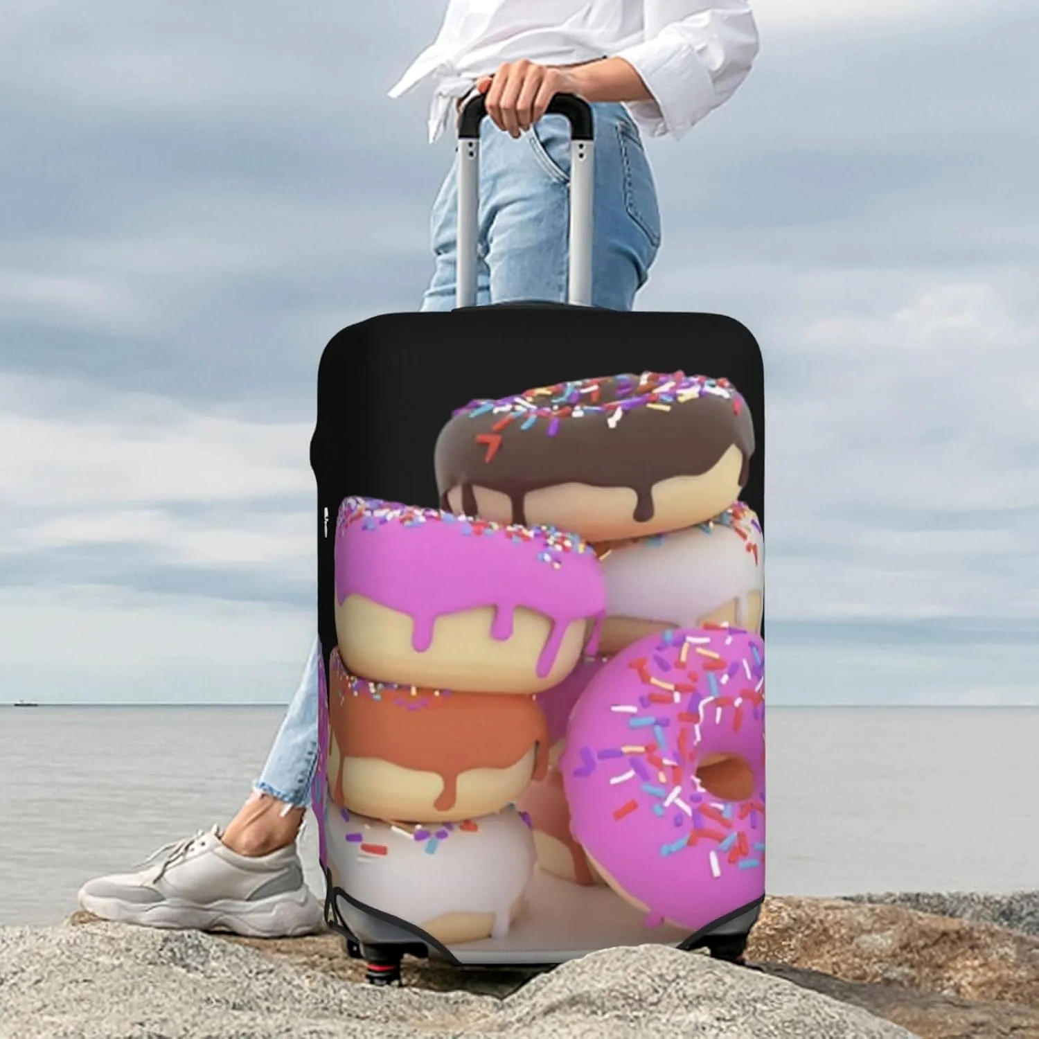 Donuts Fall on Plate Travel Luggage Cover Fits 18/24/28/32 Inch Luggage, Elastic Suitcase Cover Protector with Concealed Zipper for Wheeled Suitcase Tsa Approved