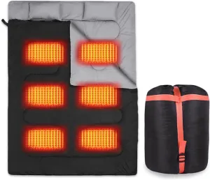 Double Heating Sleeping Bag, 6 Heating Zones, Multi USB Power Supported Detachable Heating Pads with Portable Bag
