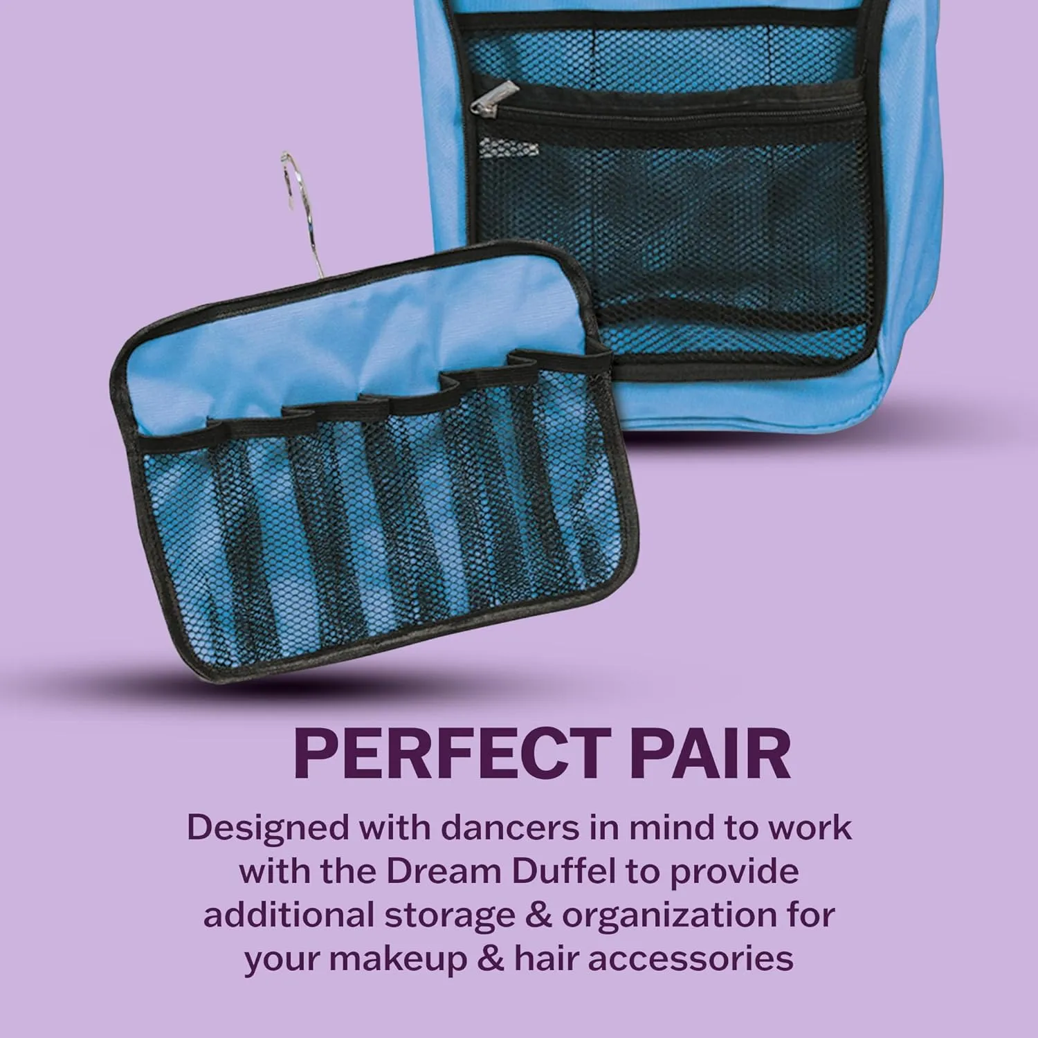 Dream Duffel Hanging Cosmetic Case for Women & Kids, Travel Toiletry Bag with Pockets & Mirror, Holds Dance Competition Essentials, 9”x10”, Blue