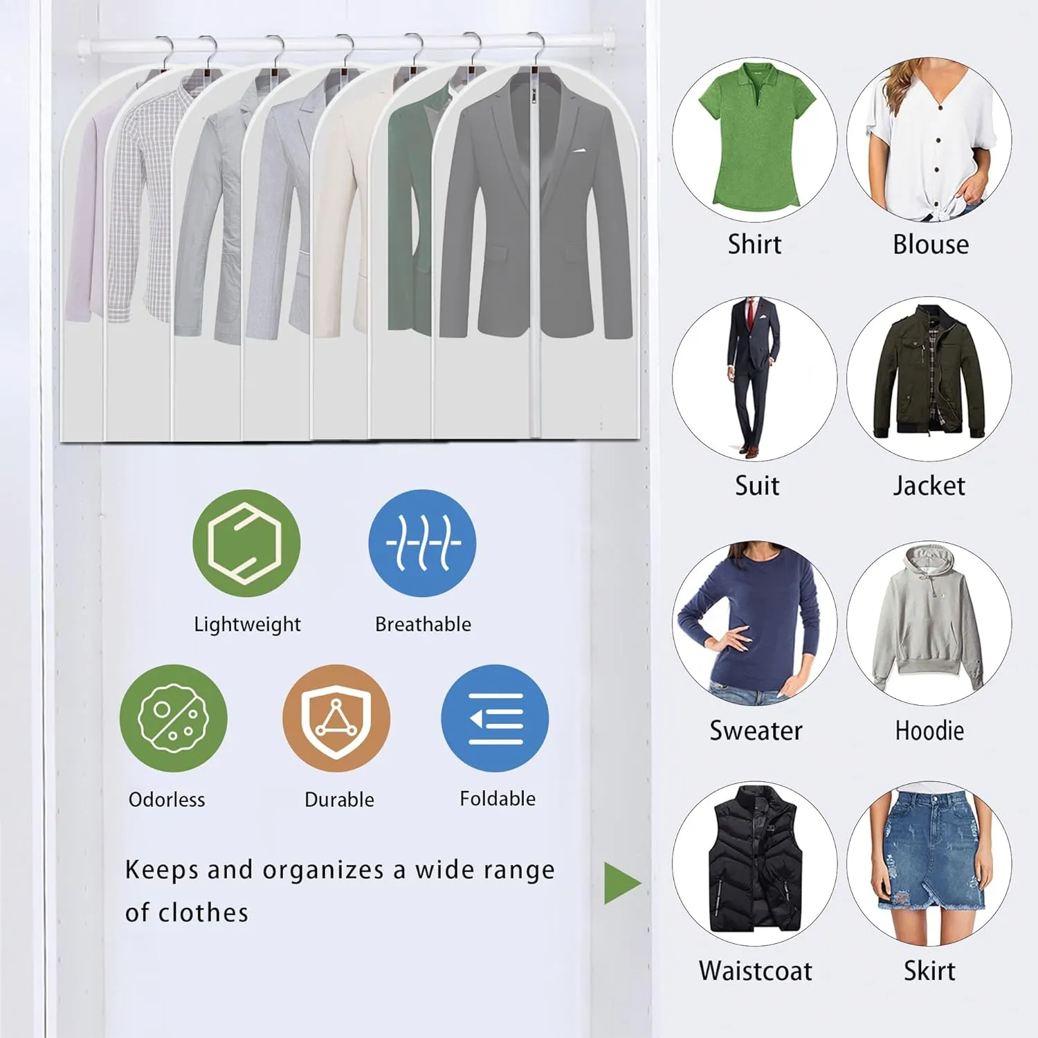 Dust Proof Clear Garment Bags 7 Piece Set - 40 Inch Translucent Suit Bags with Full-Length Zipper for Closet Clothes Storage and Travel. Bonus: 5 Natural Cedar Ball.