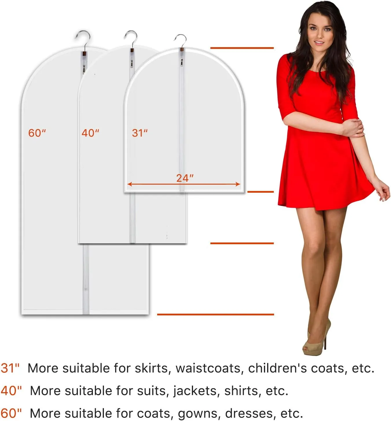 Dust Proof Clear Garment Bags 7 Piece Set - 40 Inch Translucent Suit Bags with Full-Length Zipper for Closet Clothes Storage and Travel. Bonus: 5 Natural Cedar Ball.