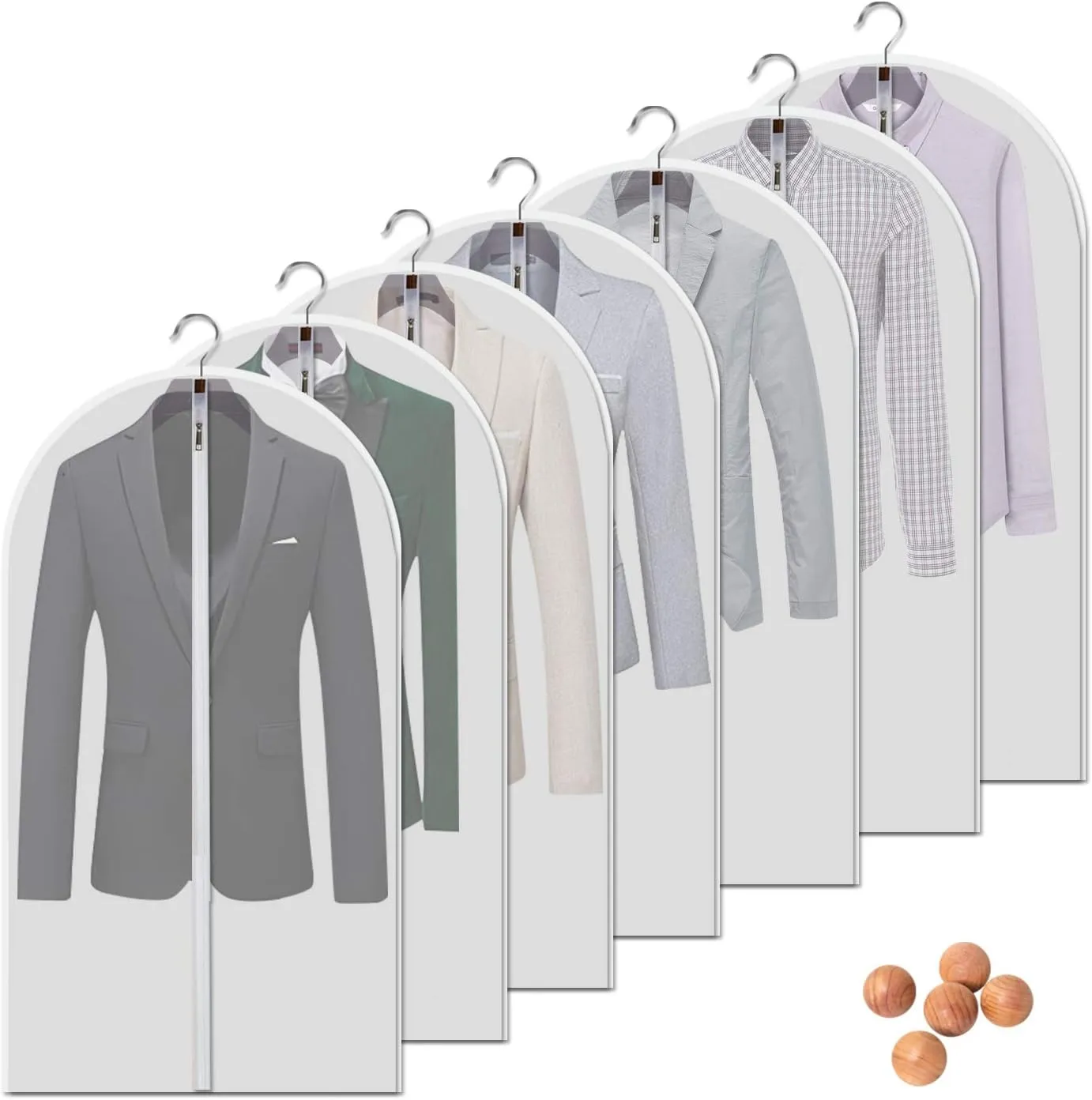 Dust Proof Clear Garment Bags 7 Piece Set - 40 Inch Translucent Suit Bags with Full-Length Zipper for Closet Clothes Storage and Travel. Bonus: 5 Natural Cedar Ball.