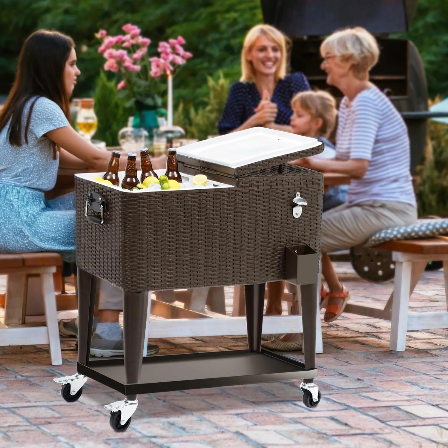 DWVO Ice Chest with Wheels,80 Quart Rolling Cooler with Bottle Opener Drainage, Patio Cooler Cart, Rolling Ice Chest with Handle for Patio Pool Deck Party BBQ Cookouts
