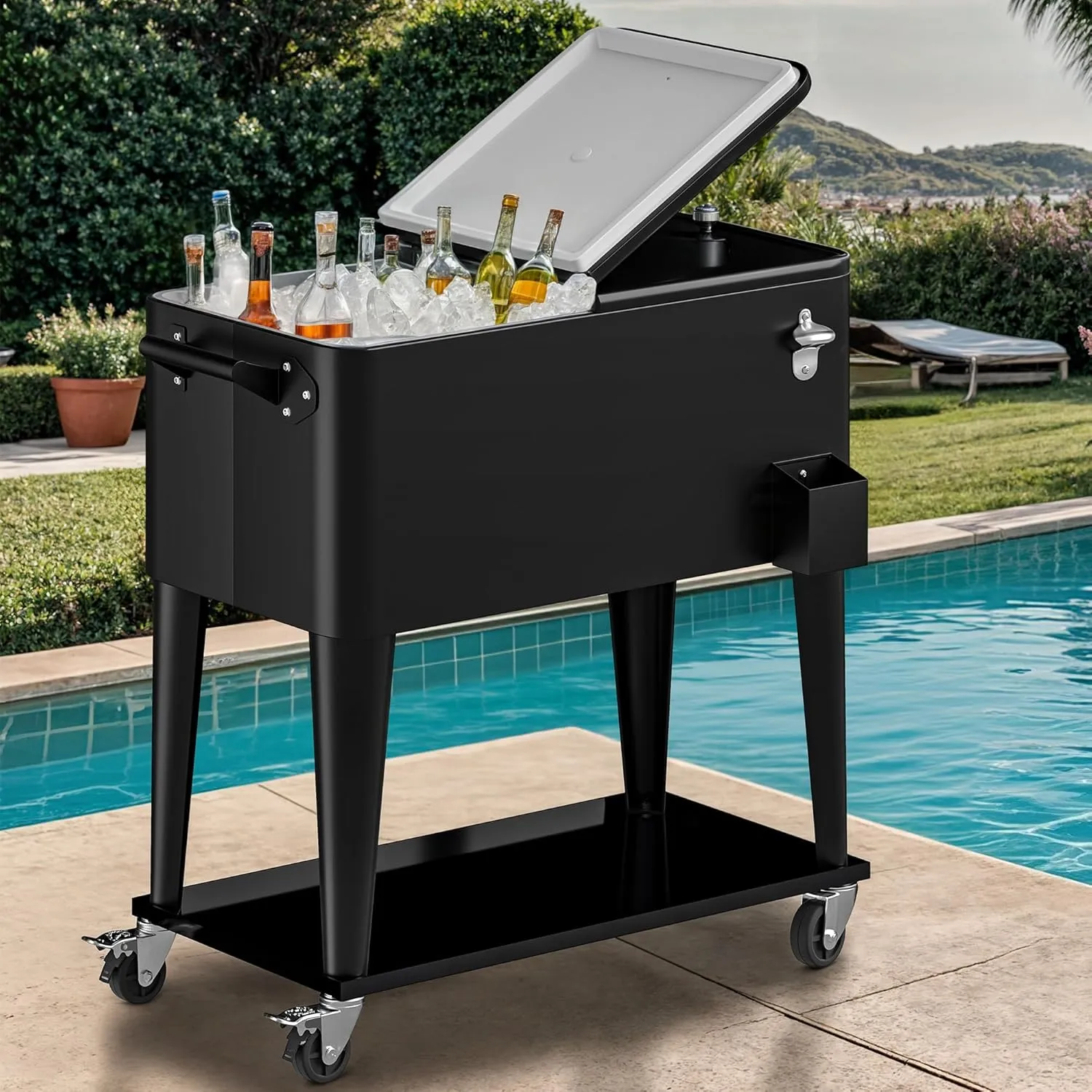 DWVO Ice Chest with Wheels,80 Quart Rolling Cooler with Bottle Opener Drainage, Patio Cooler Cart, Rolling Ice Chest with Handle for Patio Pool Deck Party BBQ Cookouts